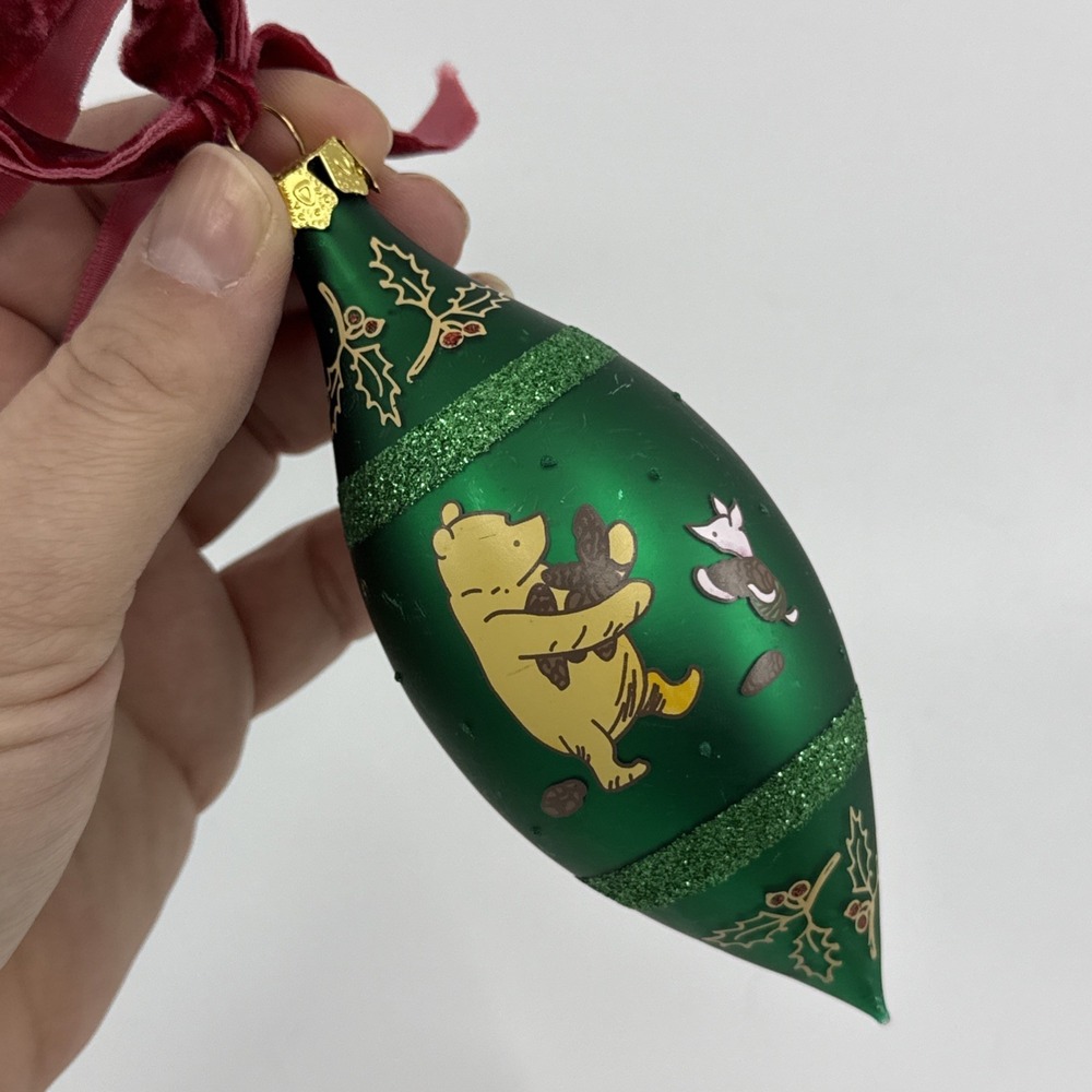 Winnie the Pooh & Piglet Blown Glass Drop Christmas Ornament Disney Green Baby